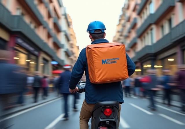 Mensajero realizando una entrega exprés urgente en una calle de Madrid
